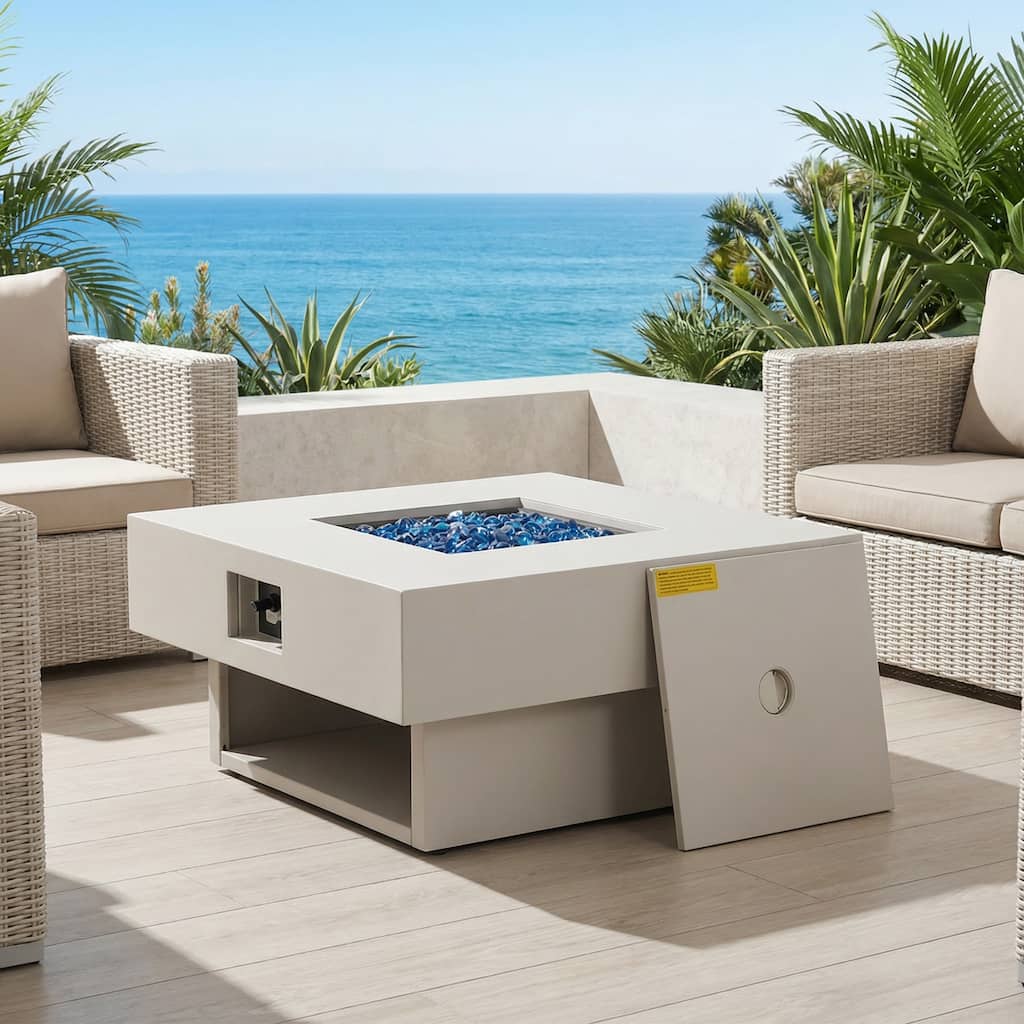 50,000 BTU Square Steel Gas Fire Pit Table, Fully Assembled Outdoor Heater with Rain Cover & Blue Glass Beads