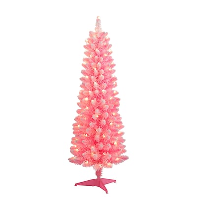 Puleo International Pre-Lit 4.5' Pink Pencil Artificial Christmas Tree