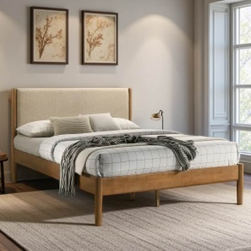 Queen Vichy Upholstered Platform Bed with Beige Headboard, Rubberwood Frame in Light Walnut Finish, No Box Spring Required