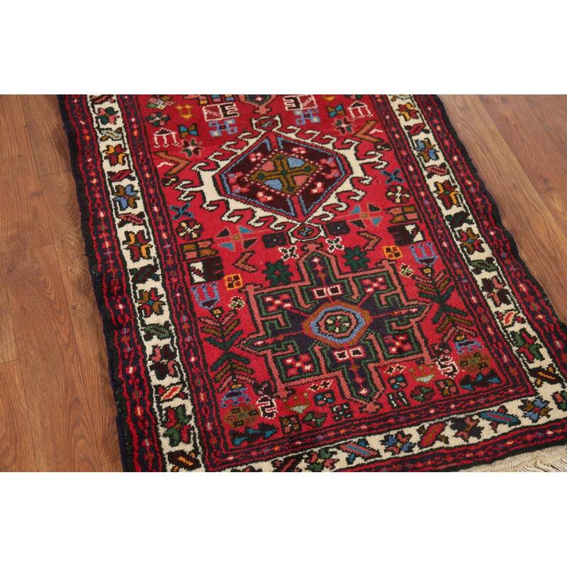 Tribal Geometric Gharajeh Persian Runner Rug Handmade Red Wool Carpet - 2'4"x 9'10"