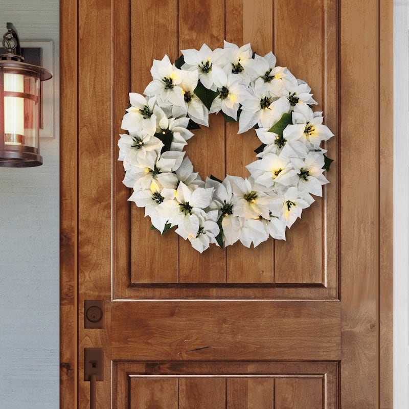 Puleo International 24" Pre-Lit Battery-Operated Artificial White Poinsettia Wreath - White/Green