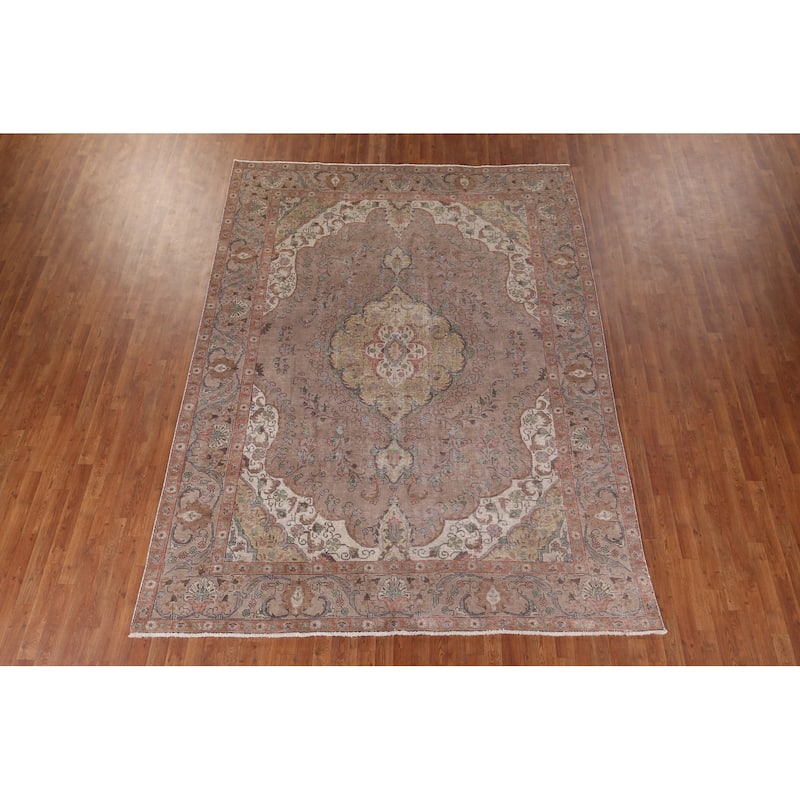 Brown Tabriz Persian Vintage Area Rug Hand-Knotted Wool Carpet - 8'0" x 10'11"