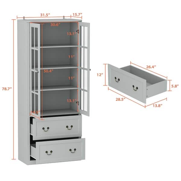 dimension image slide 5 of 11, 78.7"H Combo Glass Doors Display Cabinet Wooden Bookshelf Organizer