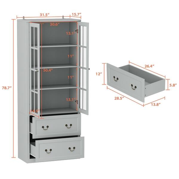 dimension image slide 6 of 10, Modular Glass Doors Display Cabinet Combo Bookcase Home Office Pantry