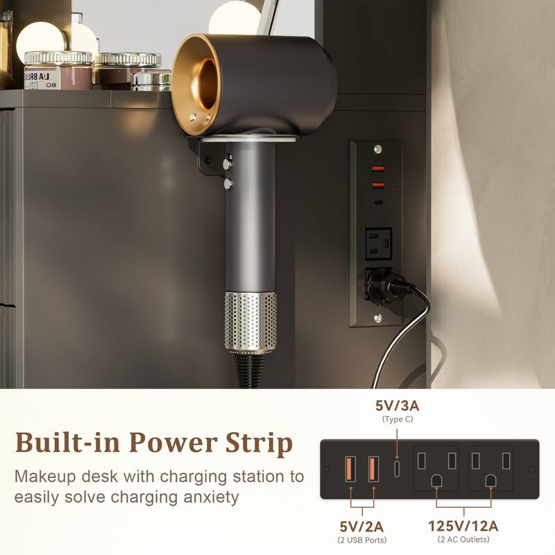 Transparent Tabletop Makeup Vanity Table / 2-Piece Vanity Desk and Stool Set with Charging Station