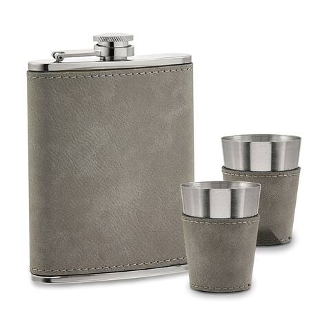 Curata Grey Leatherette Covered 8 Ounce Stainless Steel Flask with 2 Shot Glasses Gift Set