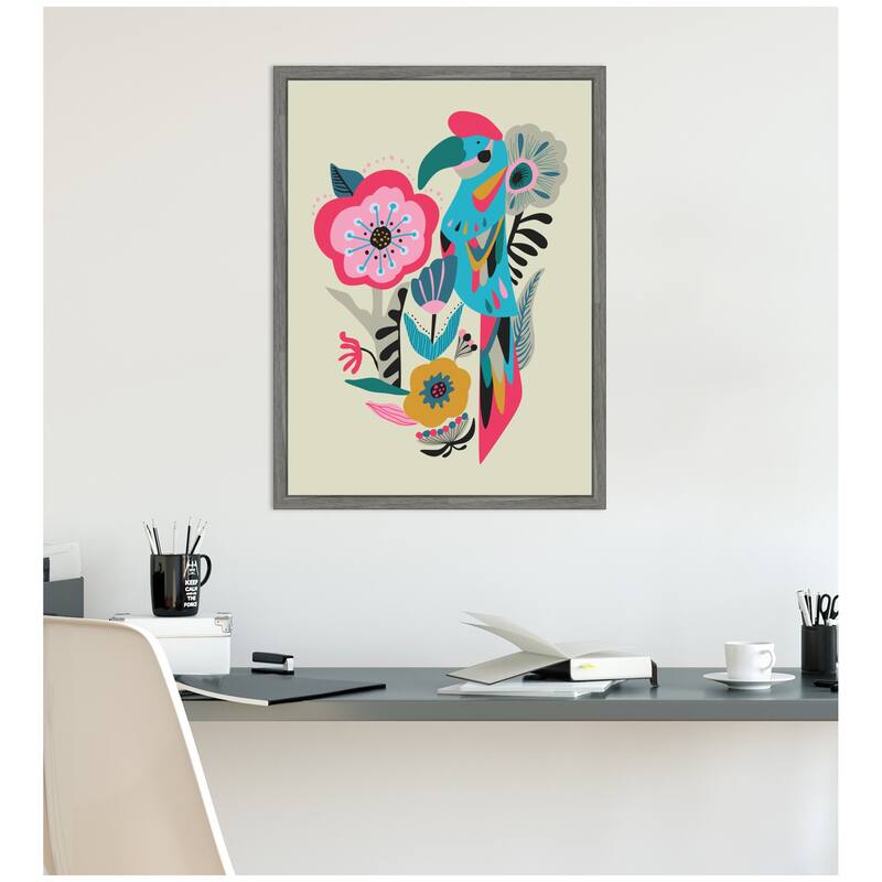 Kate and Laurel Sylvie Bright Teal and Pink Floral and Parrot Framed Canvas by Rachel Lee