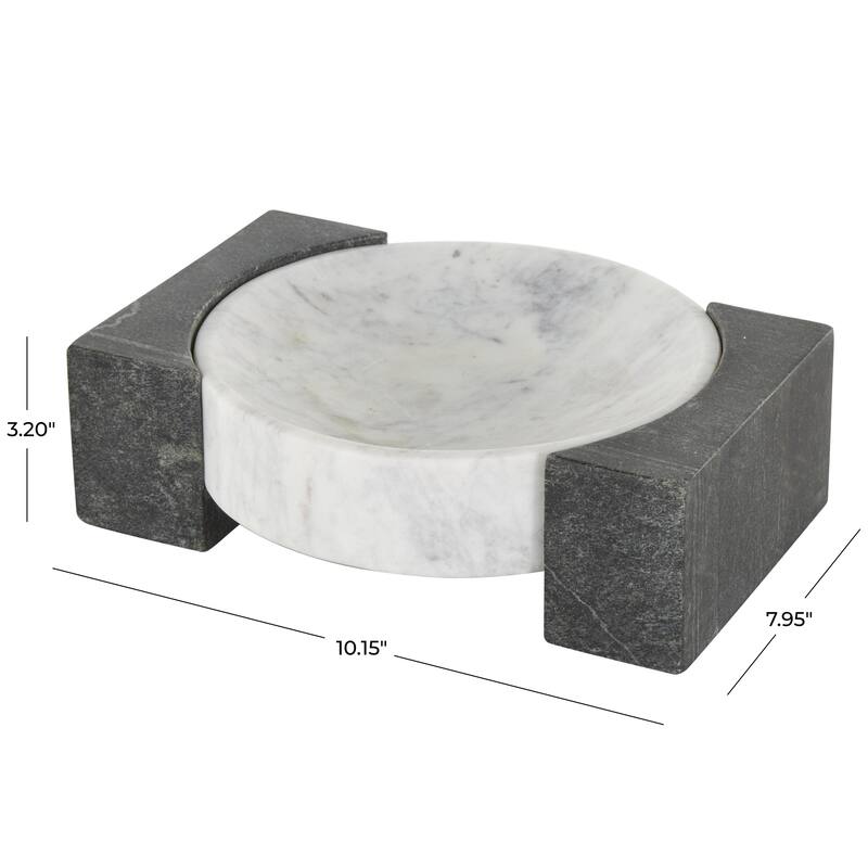 Marble Geometric Round Tray with Black Rectangular Blocks - White - Roche River Decor