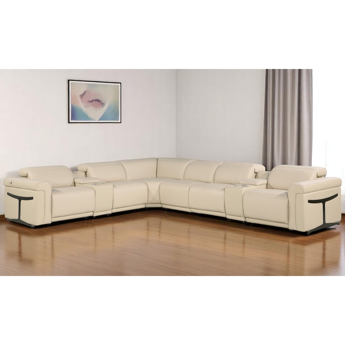 HomeRoots Beige Italian Leather Modular L Shaped Eight Piece Corner Sectional With Console