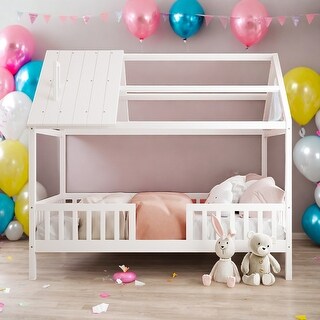 Full Size Wood House Bed With Fence and Solid Construction For Bedroom