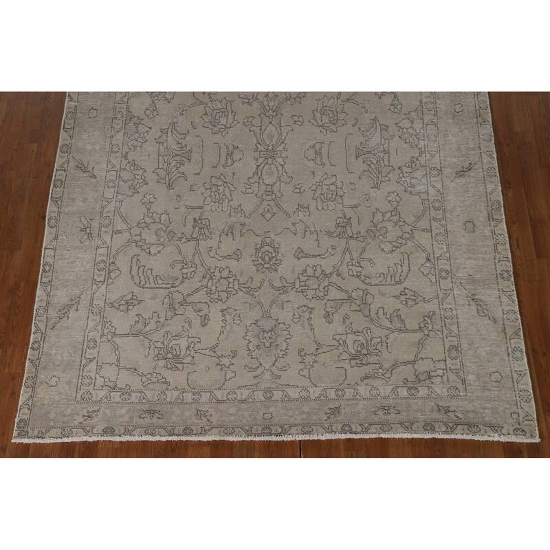 Distressed Beige Tabriz Persian Vintage Rug Handmade Wool Carpet - 6'6"x 9'7"