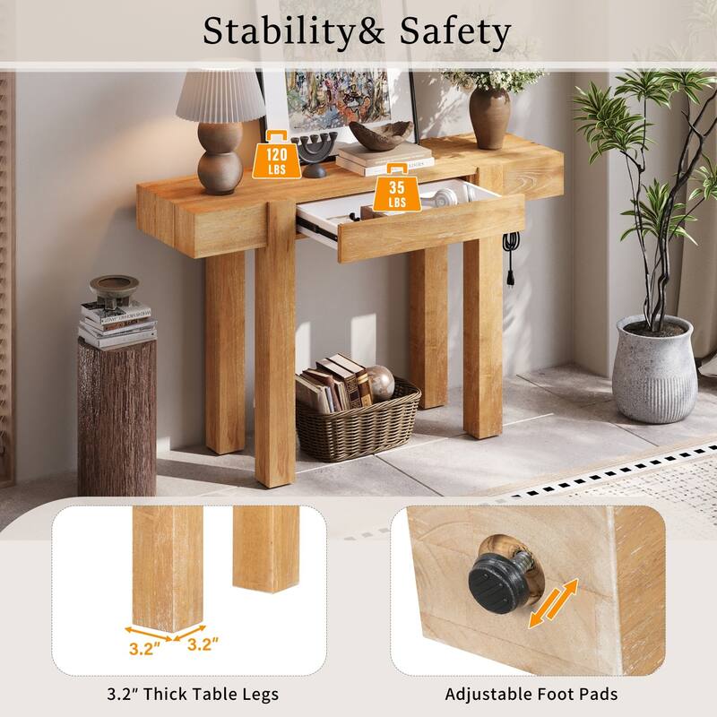 47.25 Inches Wooden Rustic Minimalist Console Table, with Hidden Drawer and Side Power Outlet