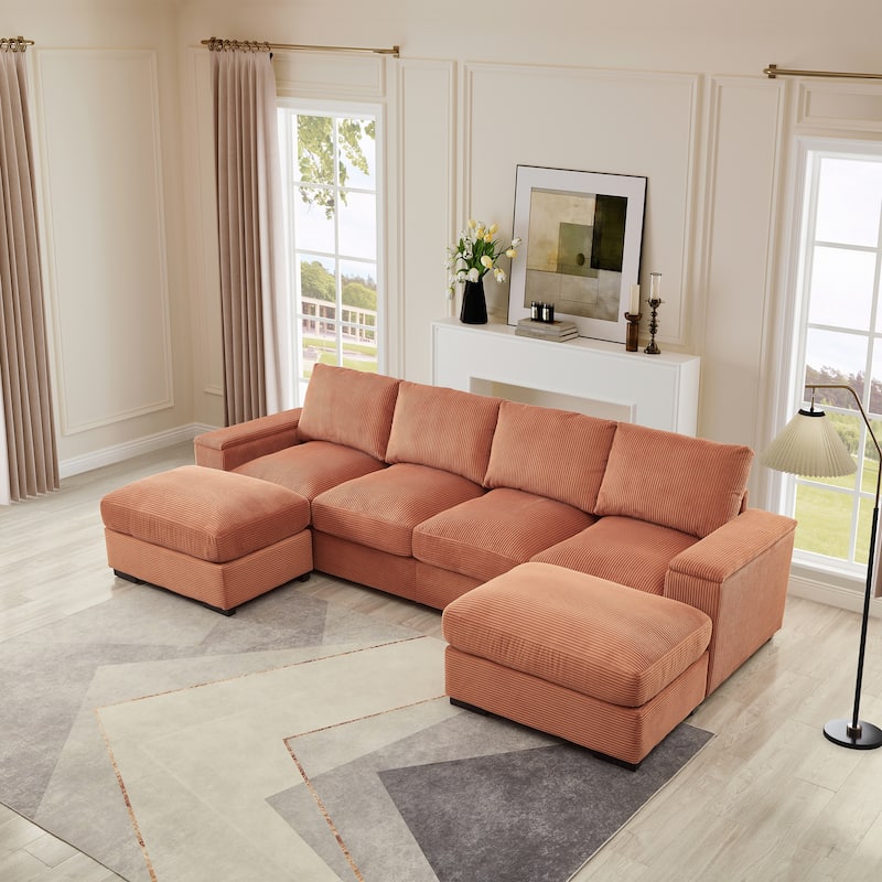 Symmetrical U-shaped Sectional Sofa Corduroy Sleeper Couch with Storage Armrests and Deep Seating, 4 Seat & 2 Ottomans Set