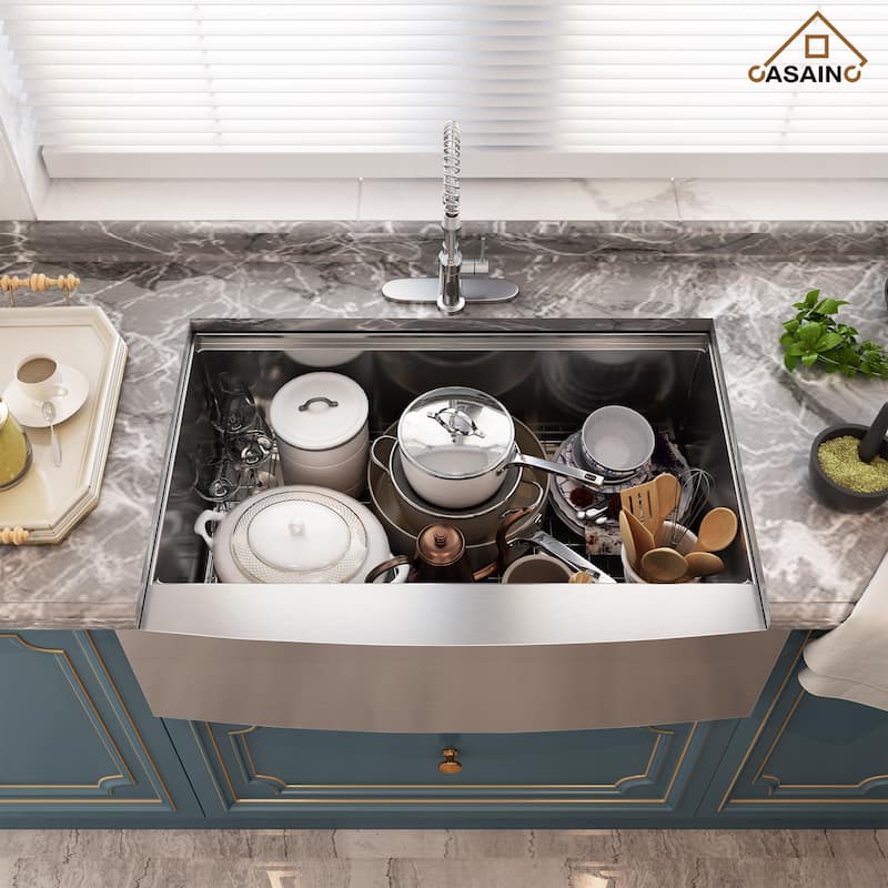 Farmhouse/Apron-Front Single Bowl 18 Gauge Brushed Stainless Steel Workstation Kitchen Sink with Accessories