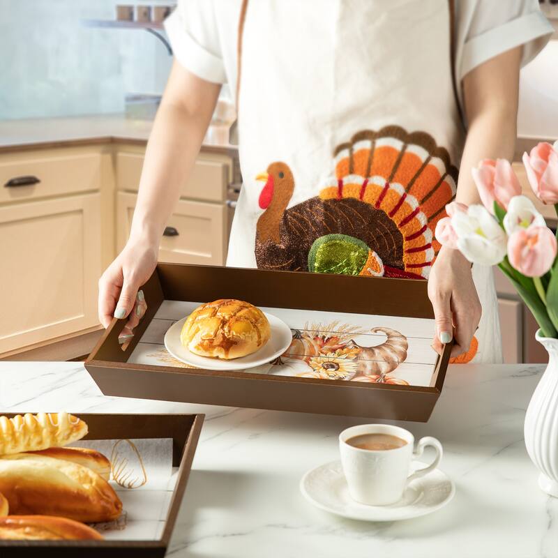 Glitzhome Set of 2 Thanksgiving Wooden Turkey Serving Tray