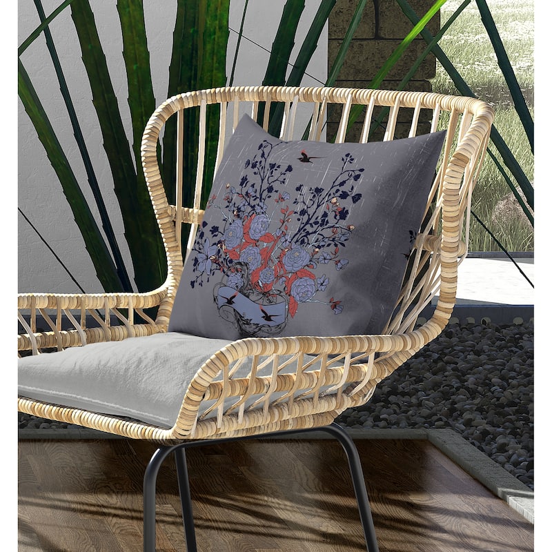 Elegant Floral Bouquet Indoor/Outdoor Reversible Throw Pillow Gray and Blue