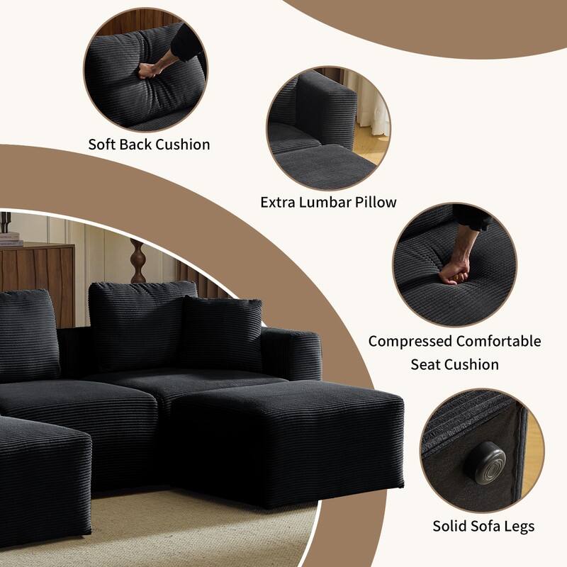112.2‘’ W Corduroy Modern Compressed Block Sectional Couch with Plush Cushions