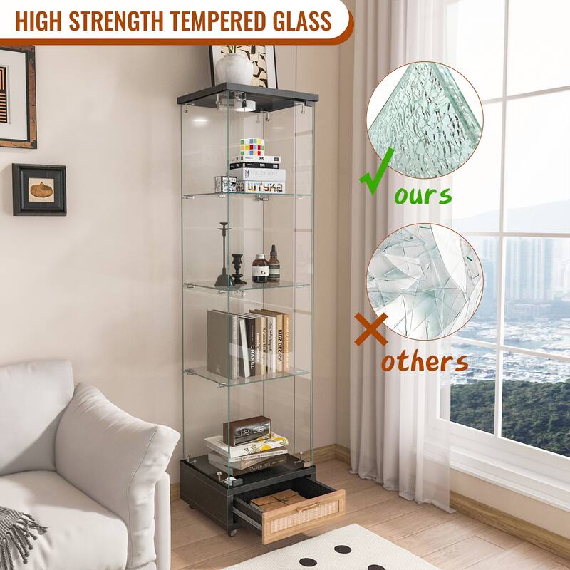 Modern Glass Display Cabinet with Drawer and LED lights for Living Room and Bedroom