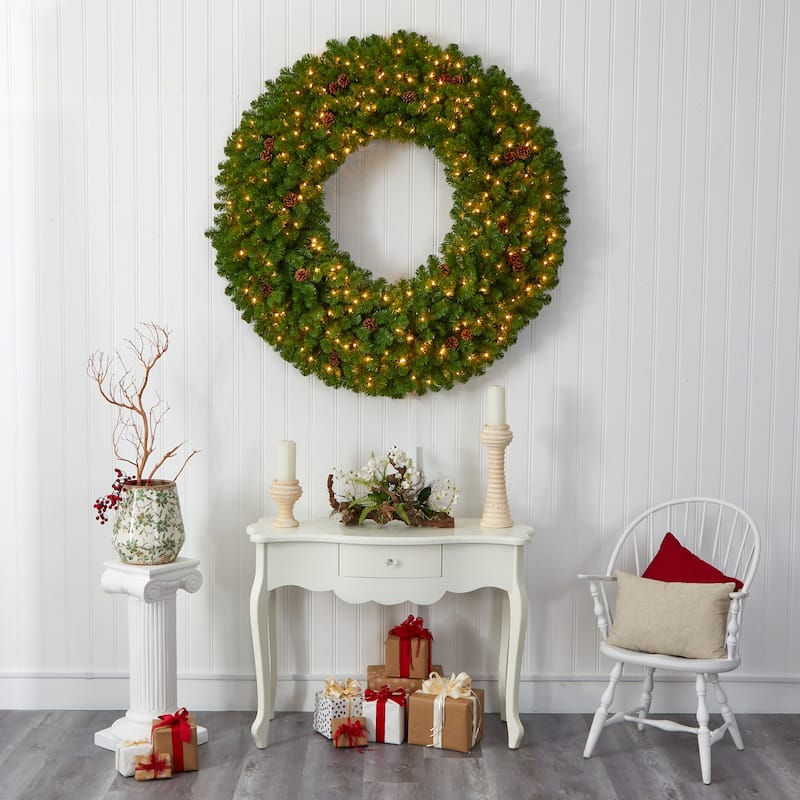 5' Giant Christmas Wreath with 280 Warm White Lights and Pine Cones