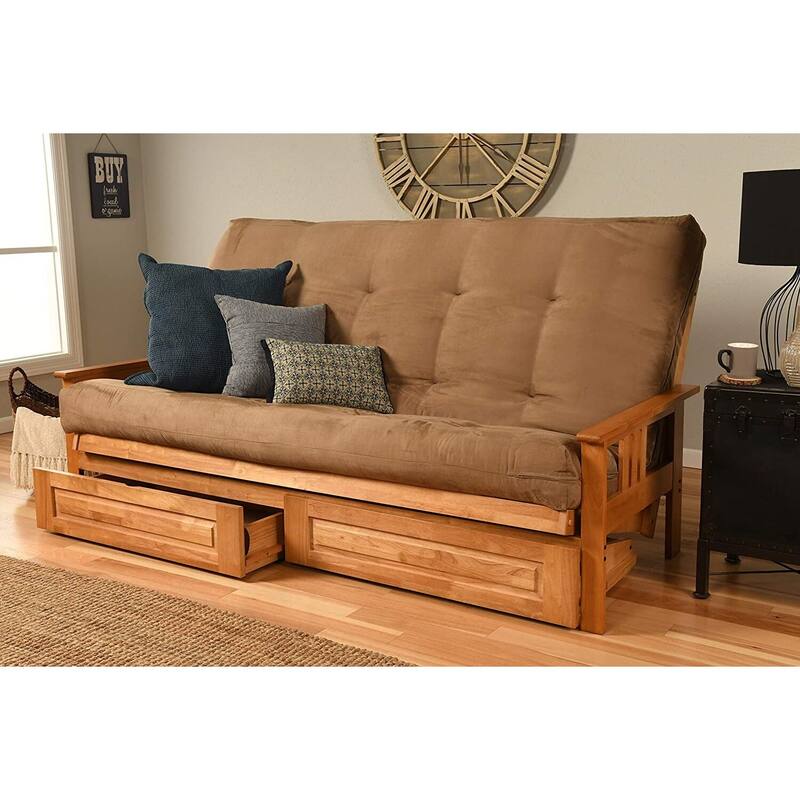 85 in. Butternut/Suede Peat Polyester Upholstered Queen Size Futon Set with Mattress and Storage Drawers