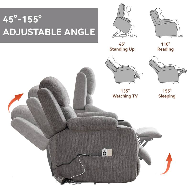 Chenille Power Lift Recliner Chair, Heavy Duty Recliner Chair with Heat & Massage, Lounge Chair with USB Ports & Cup Holders