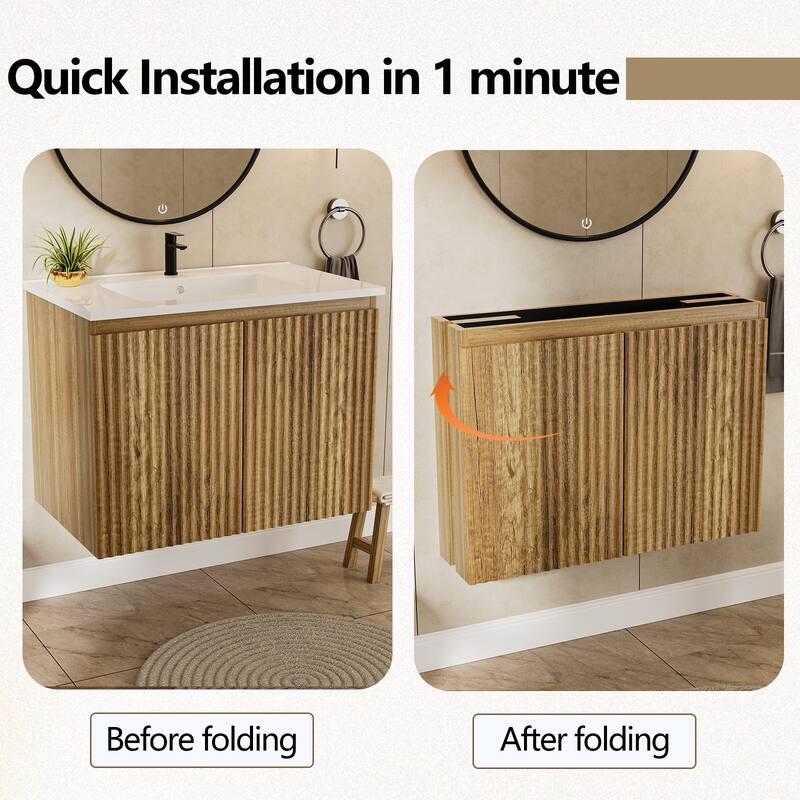 30 Inch Folding Wall Cabinet with Ceramic Sink, Patented 1-Minute Install, Space-Saving Modern Bathroom Cabinet
