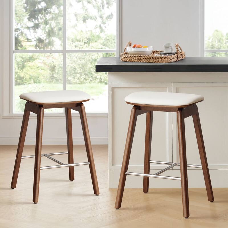 26-Inch Faux Leather Wood Counter Stools Set of 1/2/3 - 26"H x 18.1"L x 16.5"D - Set of 2 - Walnut Legs