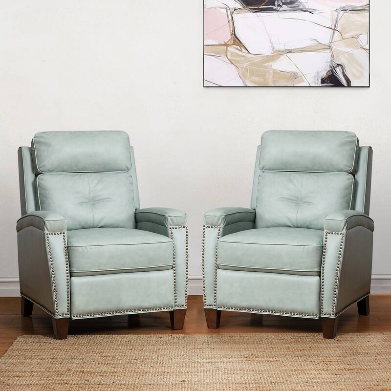 Gaspar Mid-Century Modern Genuine Leather Pushback Recliner with Wood legs Set of 2 by HULALA HOME