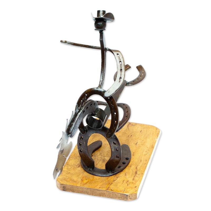 Novica Handmade Equestrian Bottle Wood And Iron Horseshoe Bottle Holder