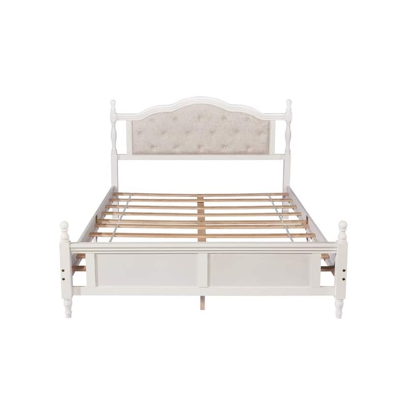 Pine Wooden Platform Bed with Upholstered Headboard and Panel Footboard,Queen Size