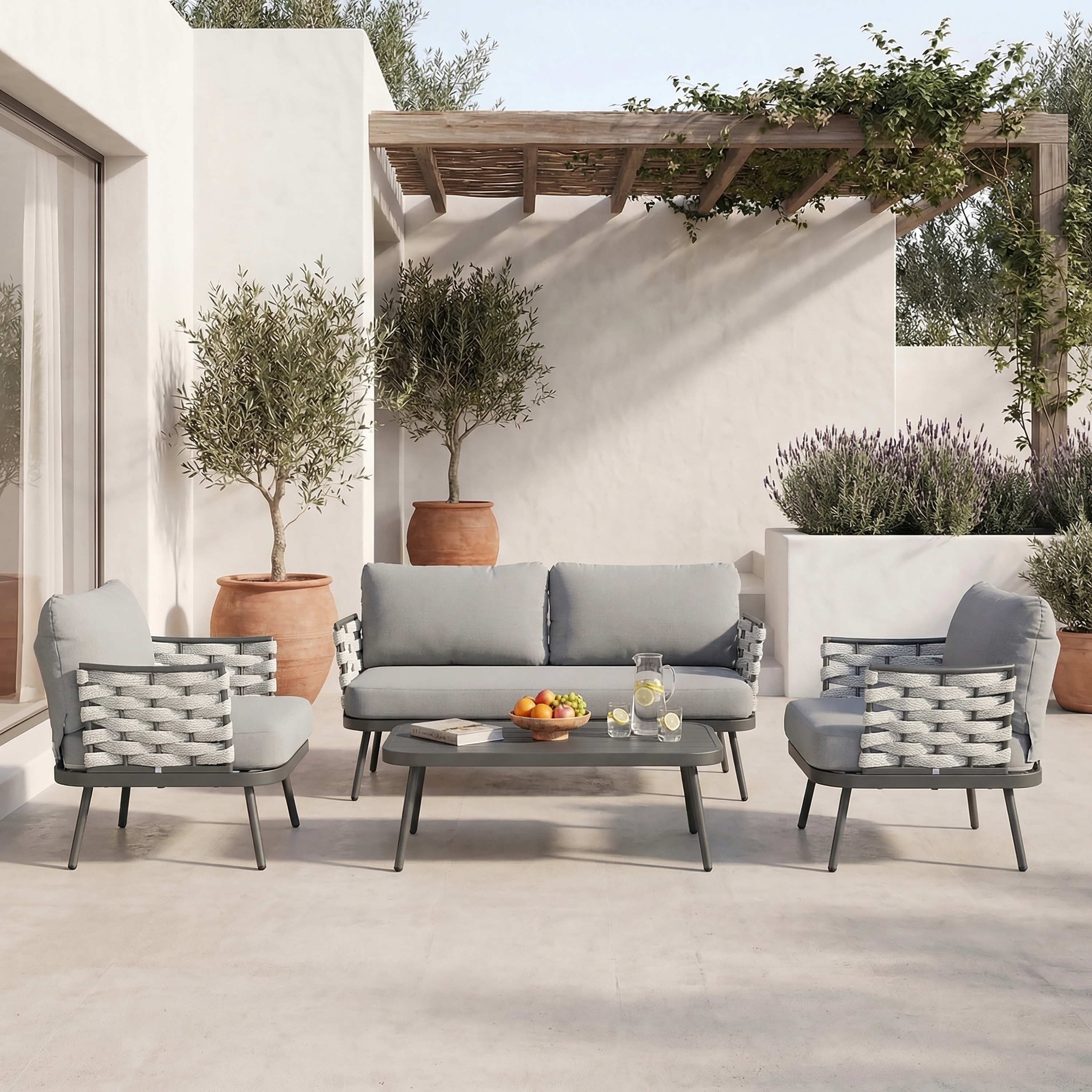 Patio Conversation Set with Loveseat & 2 Upholstered Club Chairs, Outdoor Sofa Set with Coffee Table