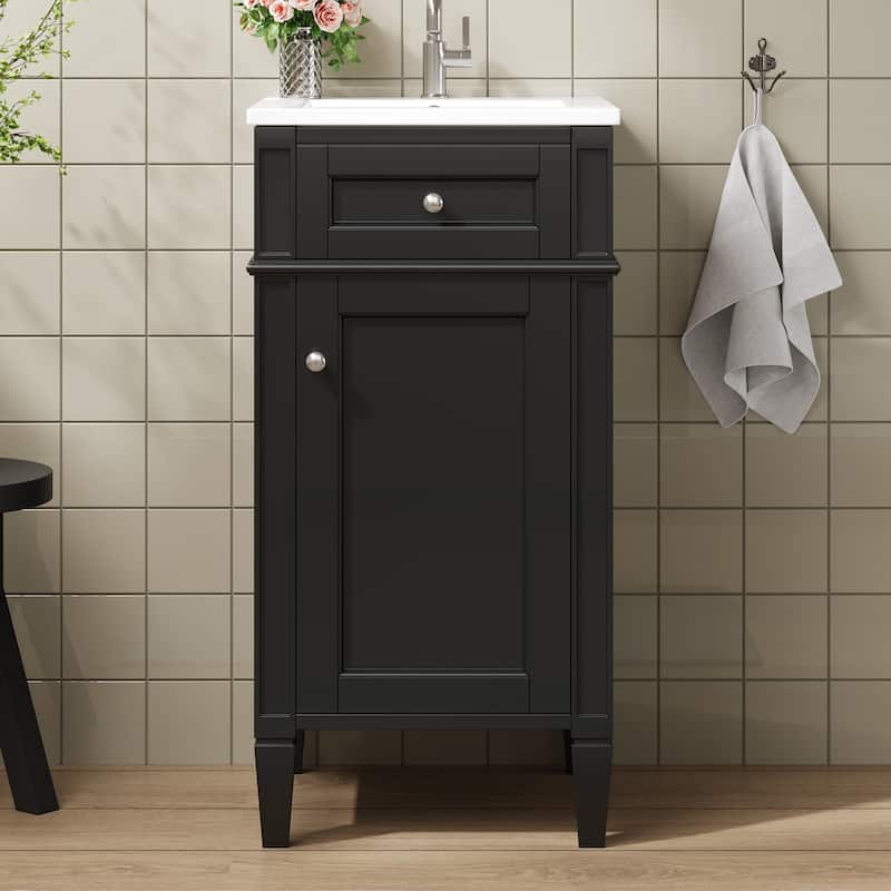 16-inch Freestanding Bathroom Vanity with Ceramic Sink - French Style Single Vanity with Soft-Closing Door & Solid Feet