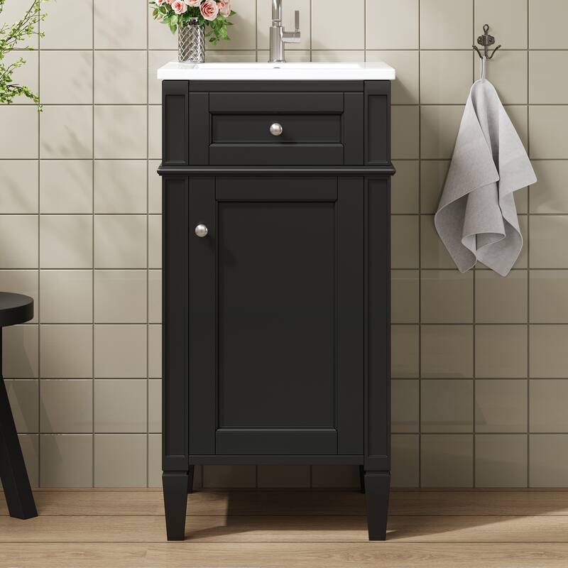 Small Bathroom Vanity Freestanding Single Vanity Set with Ceramic Sink - Black - 16 Inch