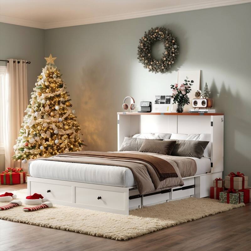 Mixoy Modern Full/Queen Size Murphy Bed Chest with USB and Storage,No Mattress - White without Mattress - Queen