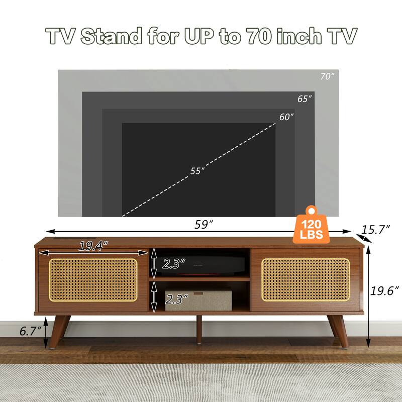 Boho Rattan TV Stand Media Storage Cabinets w/ Socket & USB Ports