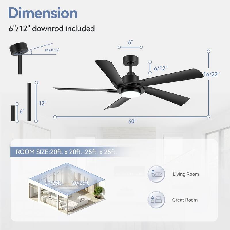 60" Modern Black ABS 5-Blade Propeller Ceiling Fan with Light and Remote