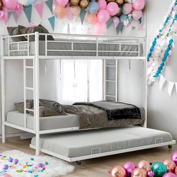 slide 2 of 13, Twin over Twin Bunk Bed with Trundle,Modern Design,Easy Assembly,Saving Space,White White