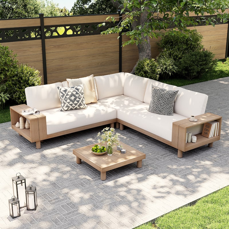 Outdoor 4-Piece Conversation Set Solid Eucalyptus Wood L-Shaped Sectional Sofa with Coffee Table - light natural&beige