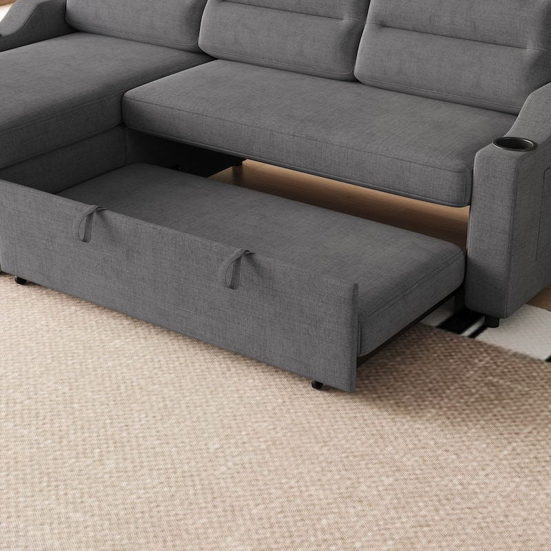 83.5" Fabric Convertible 3-Seater Sleeper Sofa with Pull-Out Bed, Recliner, Storage Pocket, and Cup Holder