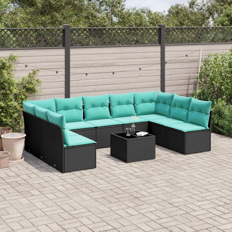 vidaXL 10 Piece Patio Sofa Set with Cushions Black Poly Rattan - 179.0x27.2x46.1