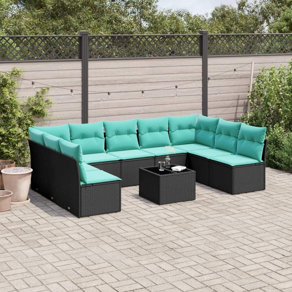 vidaXL 10 Piece Patio Sofa Set with Cushions Black Poly Rattan - 179.0x27.2x46.1