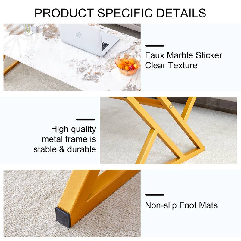 A modern minimalist style marble patterned coffee table with golden metal legs Computer desk Game table Tea table