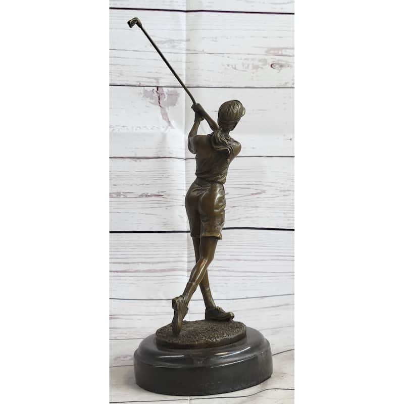 Bronze Statue Vintage Golfer Golf Female Golfing Trophy Sculpture Marble Figure