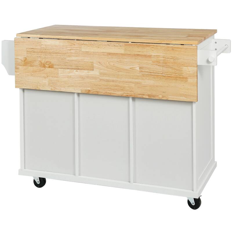 53.10 '' Rubberwood Kitchen Cart with Drop-Leaf, Adjustable Shelf, Rolling Wheels, and 3 Drawers - 53.1'' x 29.5'' x 37.2''