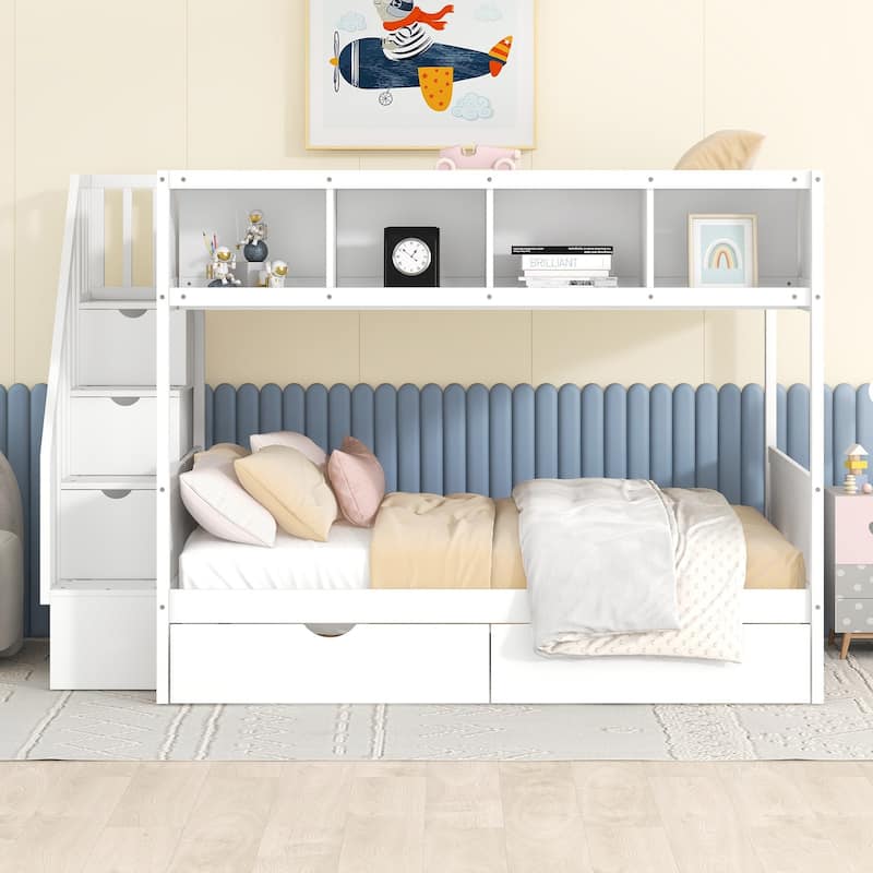 Twin Over Full Bunk Bed with Shelves, Storage Staircase and 2 Drawers