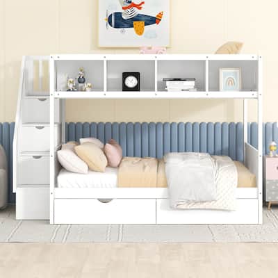 Twin Over Full Bunk Bed with Storage Staircase, Shelves, and Drawers
