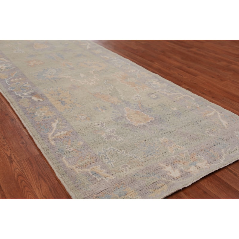 Hand Knotted Oriental 100% Wool Carpet Transitional Floral Green Oushak Runner Rug - 11' 9'' X 3' 1''