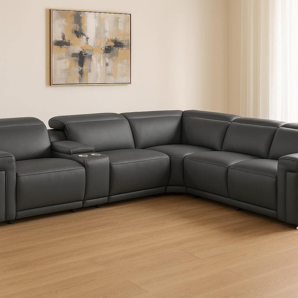 HomeRoots Gray Italian Leather Modular L Shaped Six Piece Corner Sectional With Console