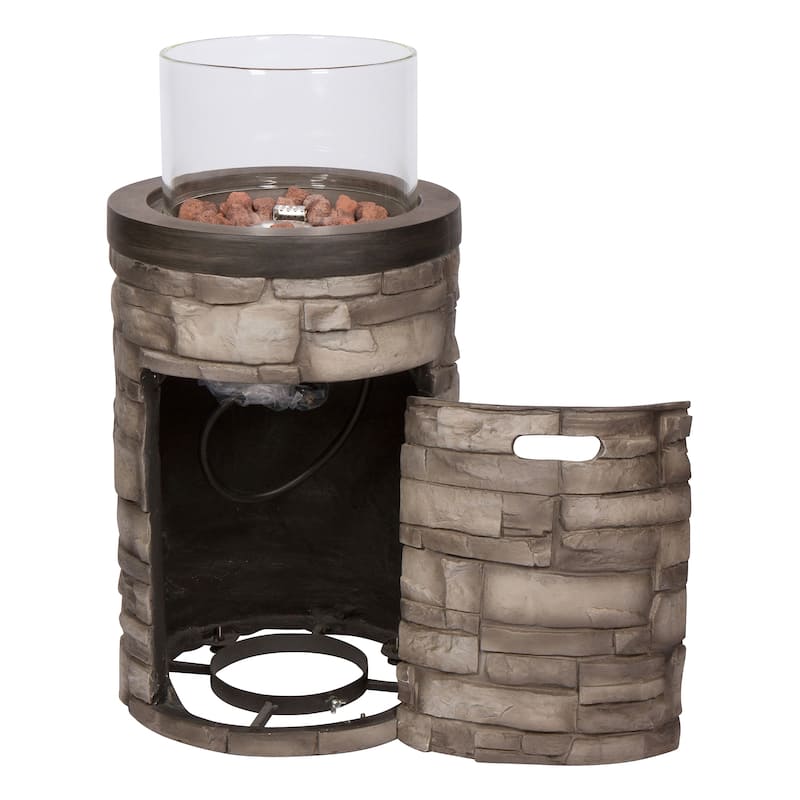 Fire & Flare 34" 5000 BTU Outdoor Propane Fire Pit Column W/ Glass Guard, Lava Rocks & Cover