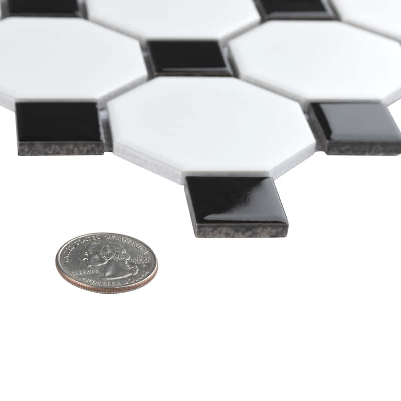 Merola Tile Metro Octagon Matte White w/Black Dot 11.5" x 11.5" Porcelain Mosaic